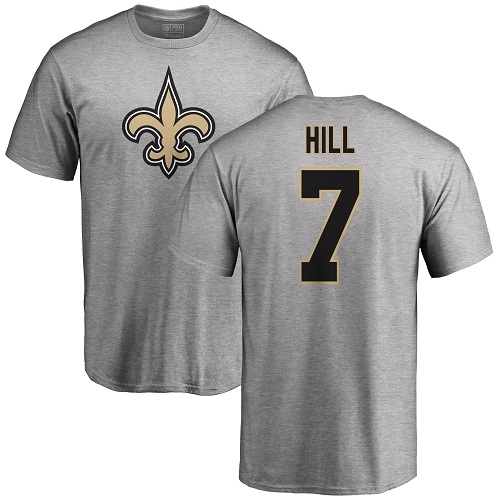 Men New Orleans Saints Ash Taysom Hill Name and Number Logo NFL Football #7 T Shirt->new orleans saints->NFL Jersey